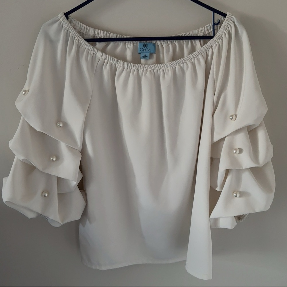 Cece White Pearl Bell Sleeve Off Shoulder Blouse Size Medium